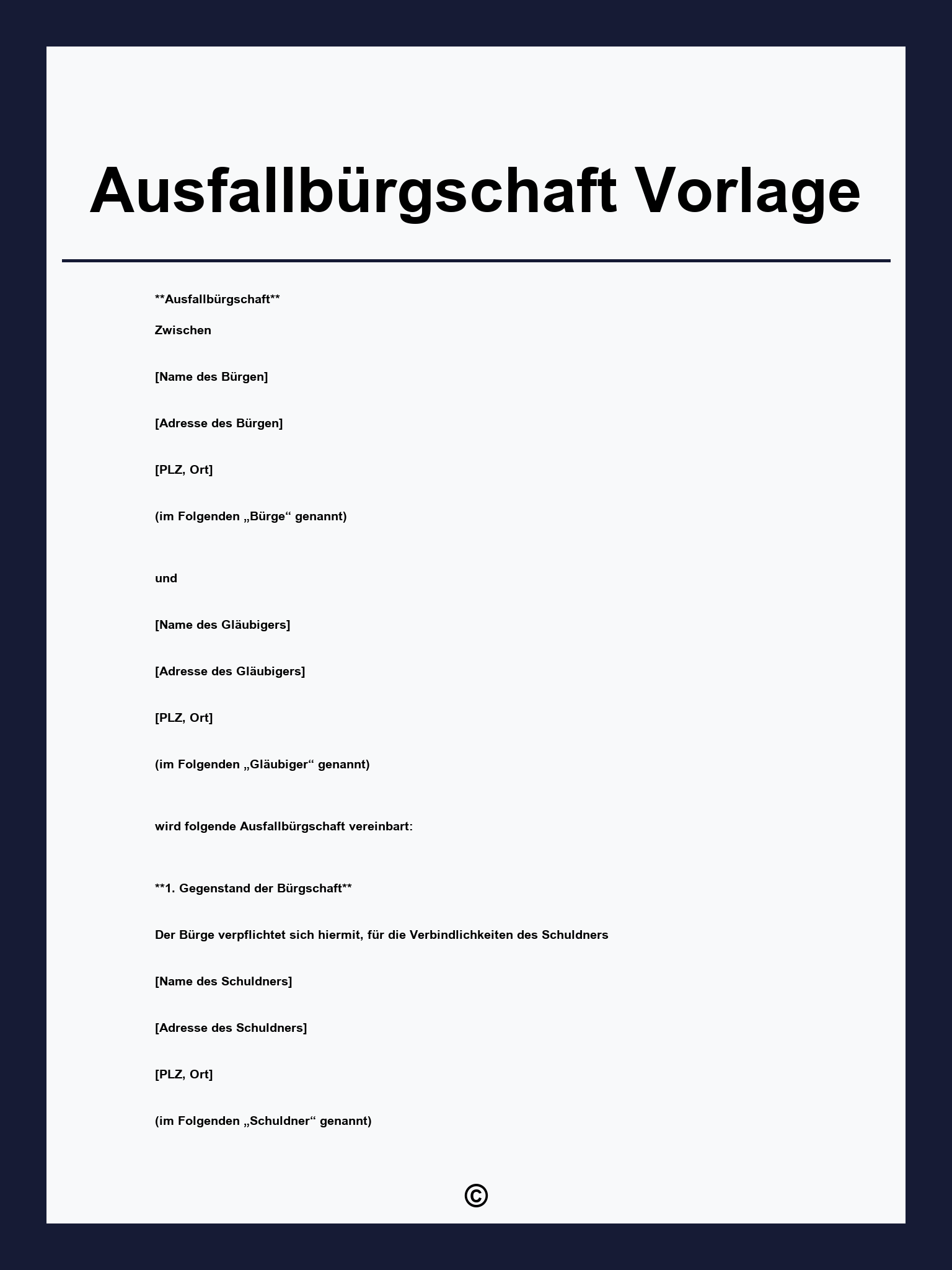 Ausfallbürgschaft Vorlage