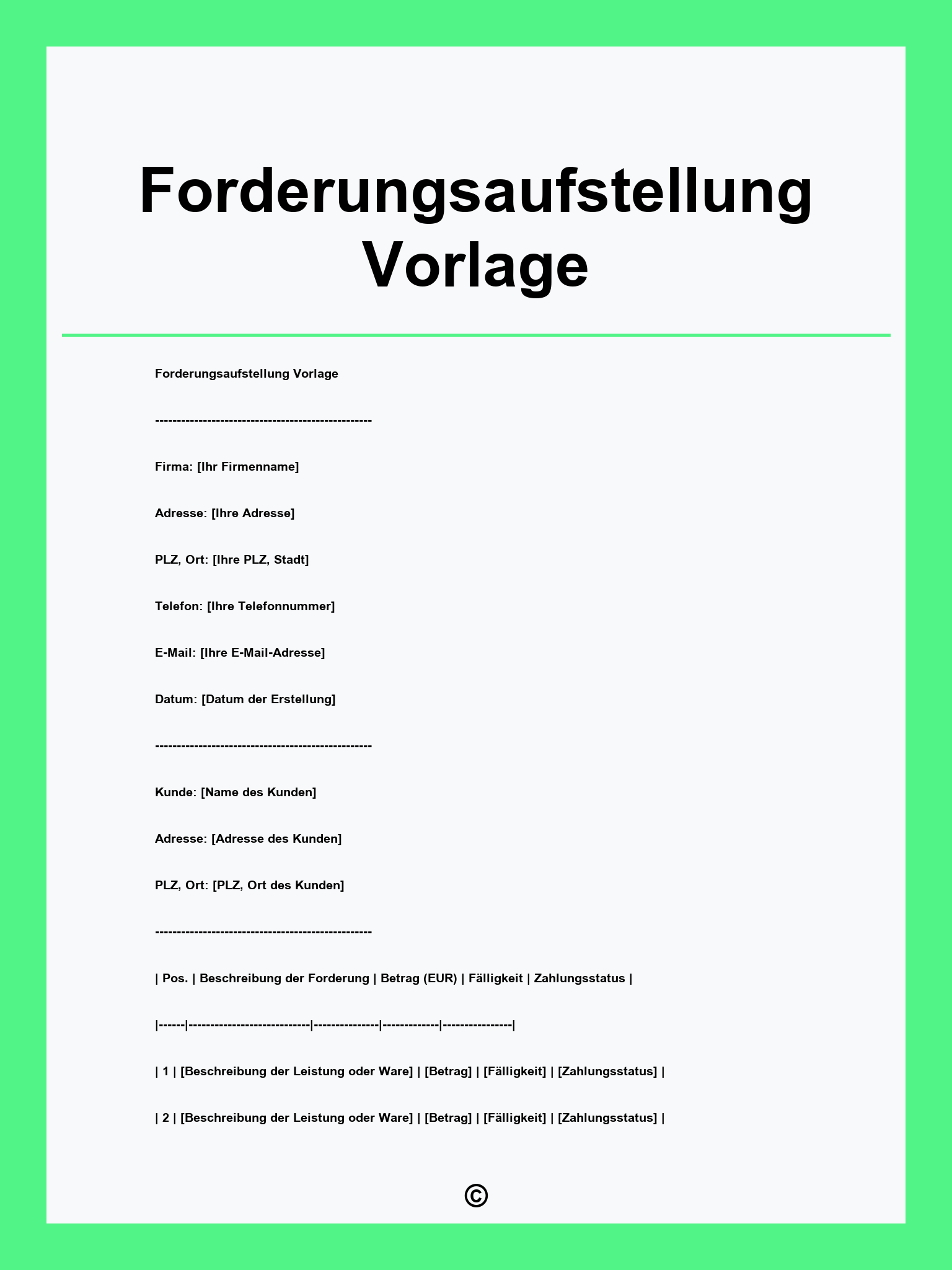 Forderungsaufstellung Vorlage