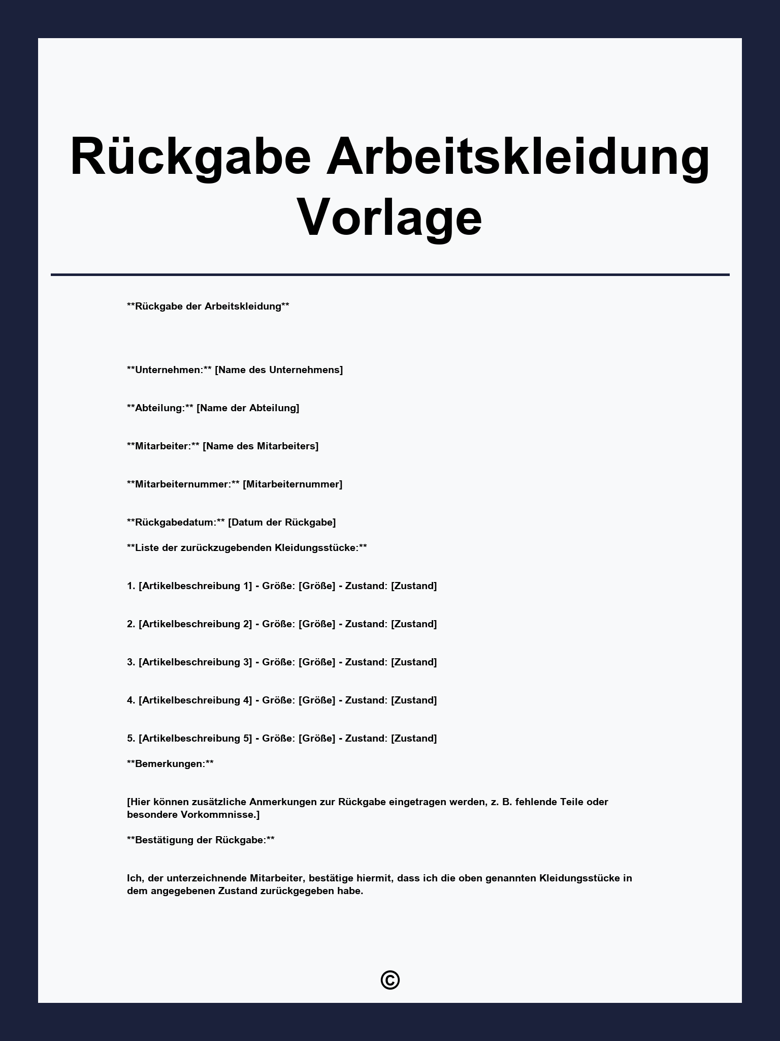 Rückgabe Arbeitskleidung Vorlage