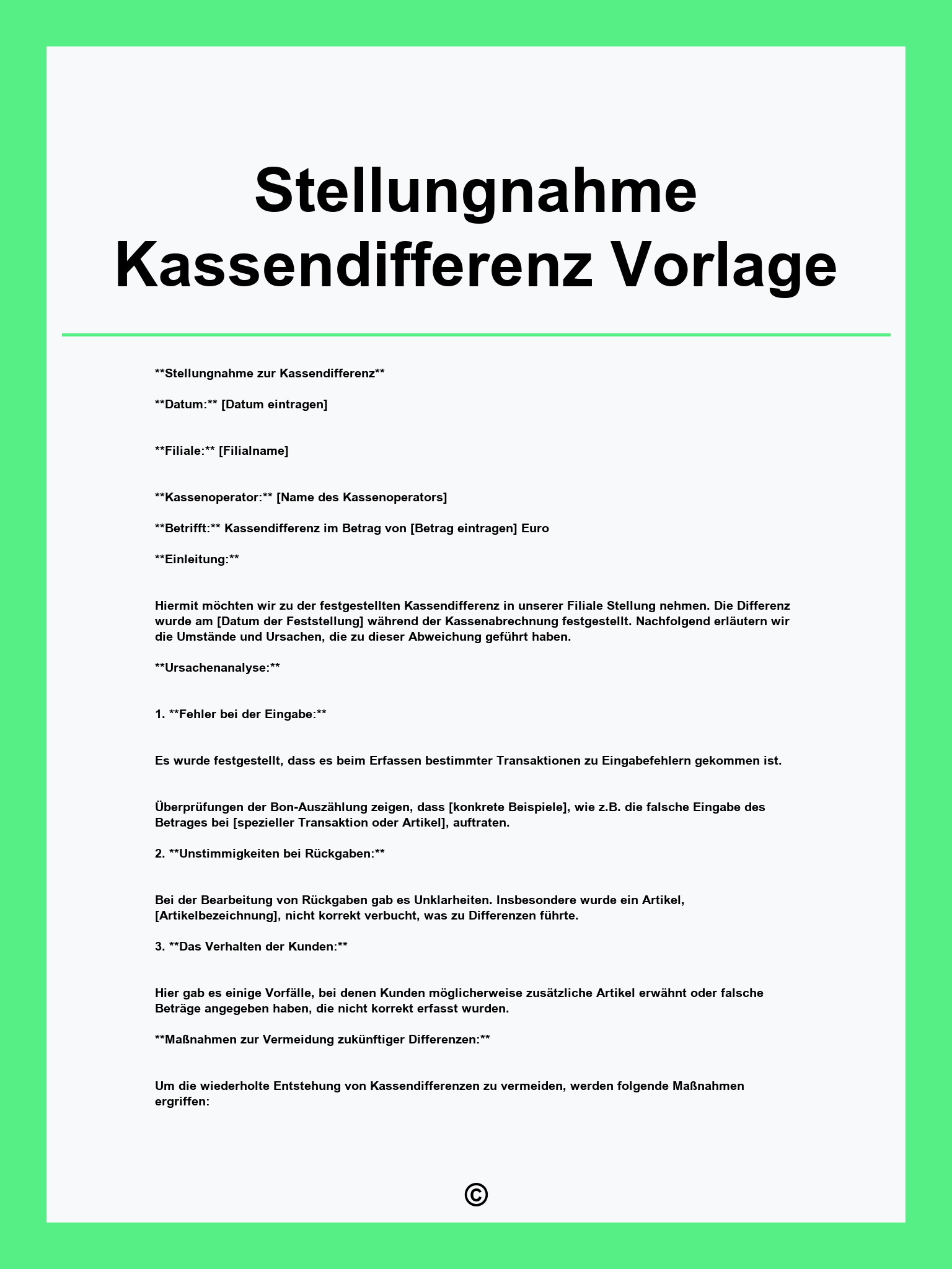 Stellungnahme Kassendifferenz Vorlage