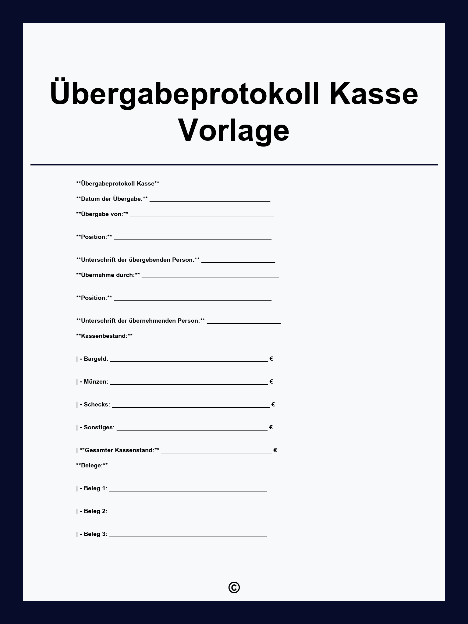 Übergabeprotokoll Kasse Vorlage