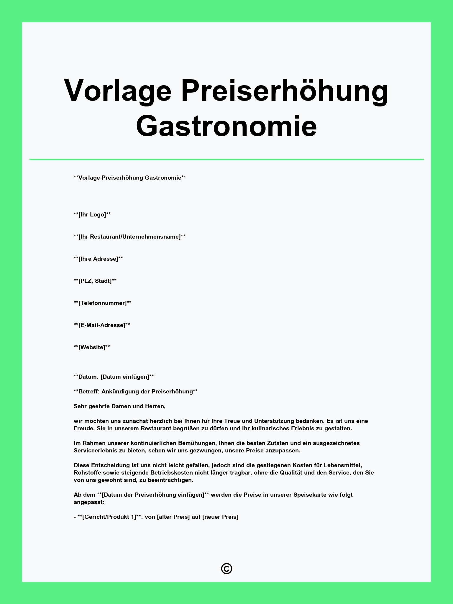 Vorlage Preiserhöhung Gastronomie