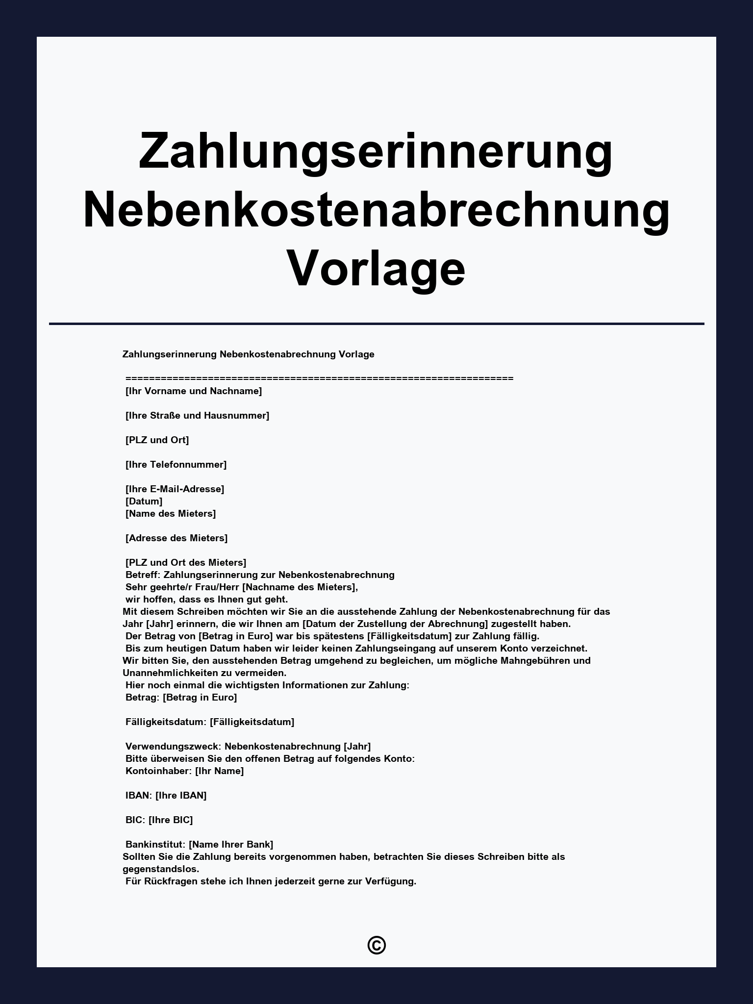 Zahlungserinnerung Nebenkostenabrechnung Vorlage